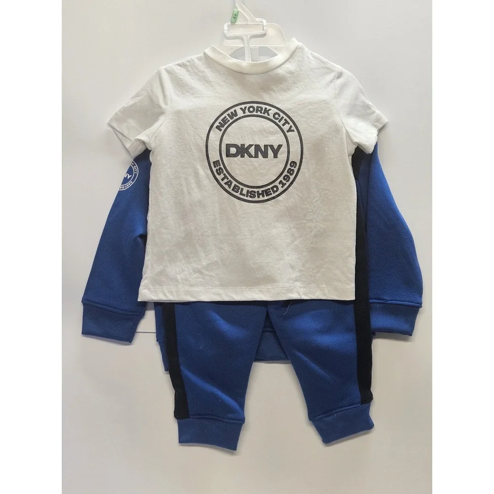 DKNY 18 M, Set Of 3, Blue Pull Over Hoodie/Blue Pants/ Crew Neck White T Shirt - Picture 3 of 12